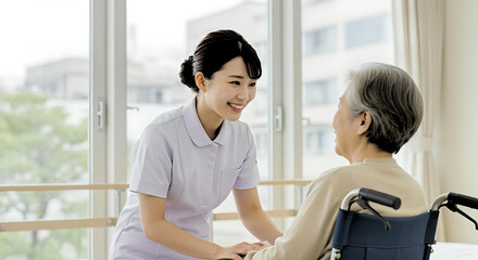 Obraz premium 笑顔で寄り添う介護士と車椅子の高齢者、安心感と信頼を感じさせる医療・介護シーン -生成AI