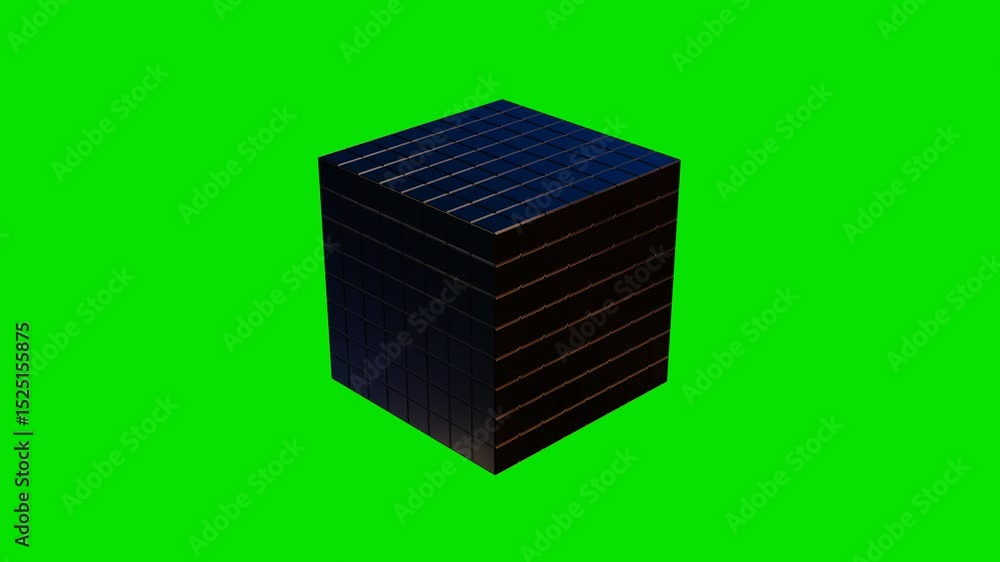 Poster 3d model of glossy cube made of small cubes rotates on green background. 3d render looped animation