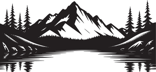 Mountain with pine trees and landscape black on white background