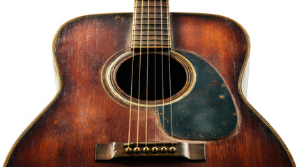 Obraz premium Vintage Acoustic Guitar: A weathered acoustic guitar, its worn wooden body and detailed craftsmanship tell a story of melodies, evoking feelings of nostalgia and the timeless appeal of music.