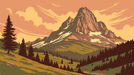 Naklejka premium Majestic Mountain Landscape Illustration Adventure Nature Scenery Vector Art