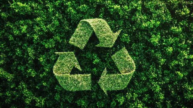 Recycled green symbol on lush green backdrop