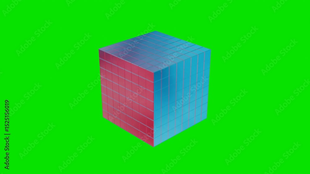 Poster 3d model of glossy cube made of small cubes rotates on green background. 3d render looped animation