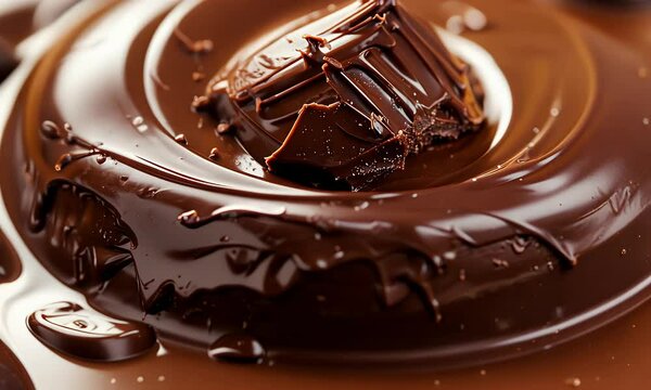 Detailed Shot of a Delectable Dark Chocolate Dessert with Melting Chocolate and Chips on A Brown Background