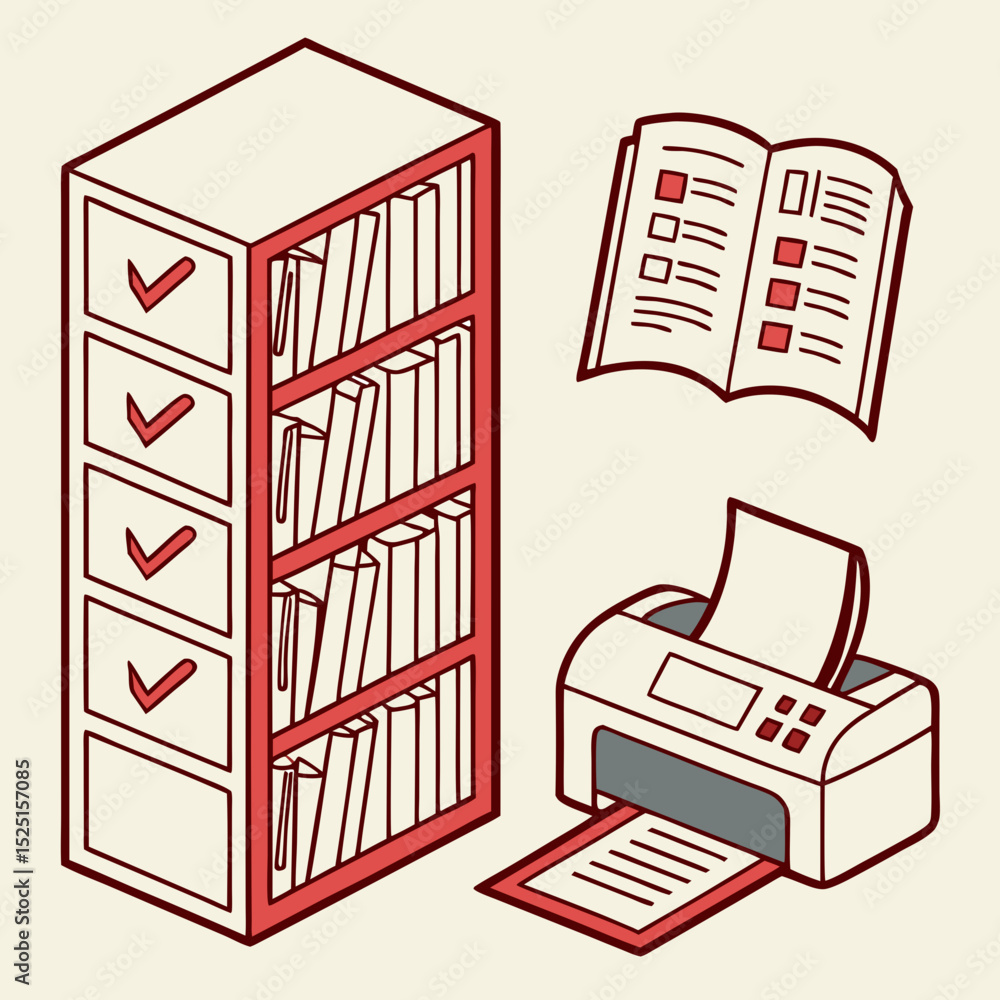 Poster organized workspace bookshelf, printer, and checklist for efficient workflow