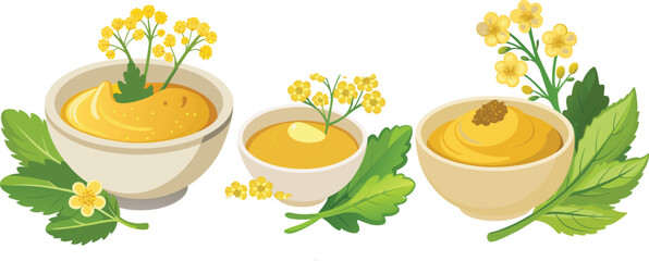 Three Bowls of Mustard with Mustard Flowers and Leaves Illustration
