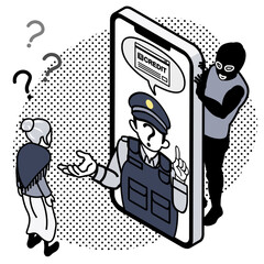 特殊詐欺 - クレジットカードを要求するスマホの中の偽警察官とシニア女性　様子を伺う詐欺師