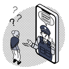 特殊詐欺 - クレジットカードを要求するスマホの中の偽警察官とシニア女性