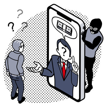 特殊詐欺 - 現金を要求するスマホの中の偽弁護士とシニア男性　様子を伺う詐欺師