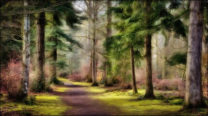Path through forest with light shining