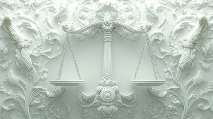 Ornate white scales of justice on a decorative wall
