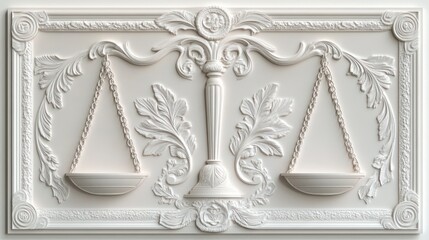 Ornate white bas-relief of a balanced scale