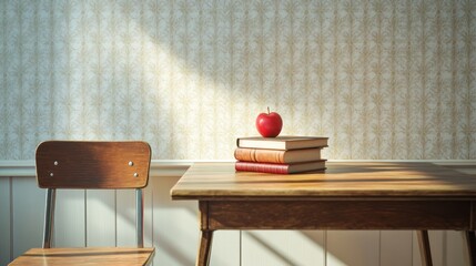 Books and apple on a table in a sunlit room