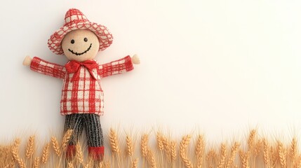 Scarecrow in wheat field, cheerful pose