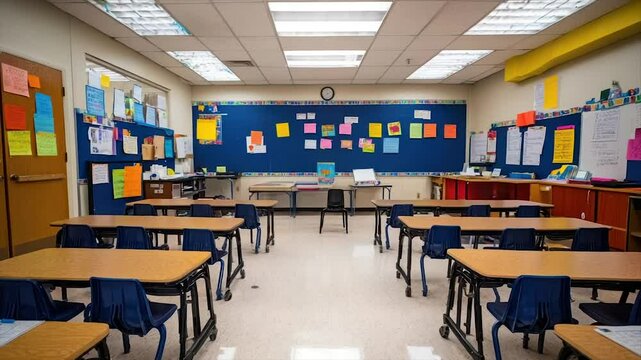 Empty elementary school classroom.  Well-lit, organized space with traditional desks, chairs, and bulletin board