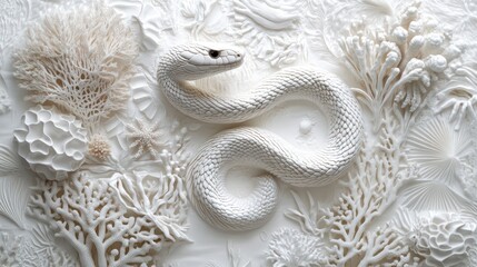 White snake amidst sculpted white coral and flora