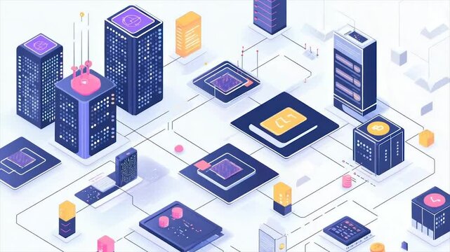 Networked data centers, interconnected digital infrastructure.  Complex system of servers, processors, and interconnected components