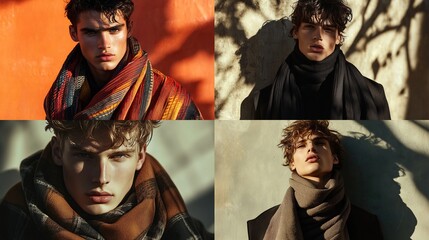 Four close-up shots of a young man with dark, wavy hair, modeling various scarves against contrasting warm-toned backgrounds, showcasing dramatic lighting and textured fabrics