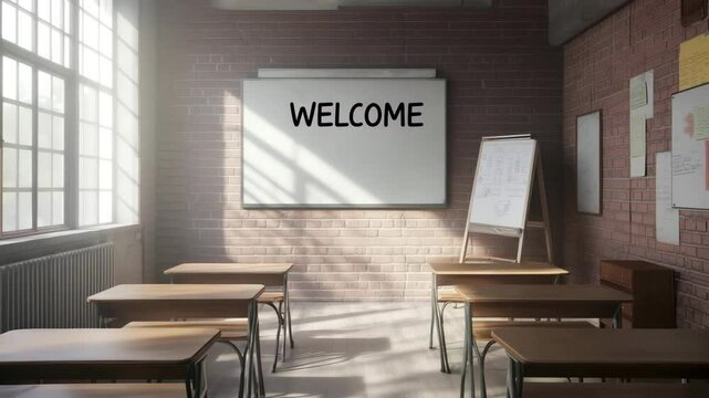 Light-filled modern classroom with whiteboard where the word &ldquo;Welcome&rdquo; appears, followed by a gentle zoom out. Clean educational space and positive atmosphere. 4K video
