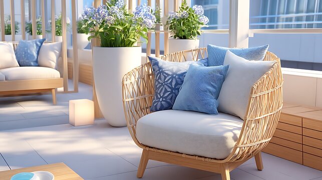 Modern Wicker Swivel Glider Chair Surrounded by Beautiful Flowers and Bright Sunlight