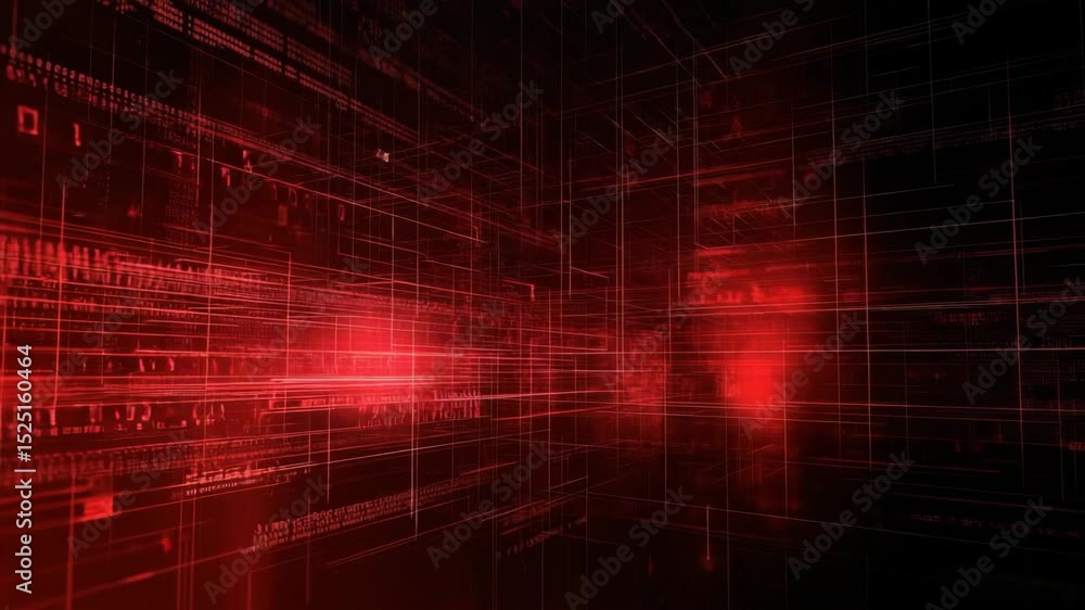 Fototapete Video with a complex abstract background displaying encrypted programming code and digital security elements. The dark futuristic theme includes red warning signals and protective firewalls.
