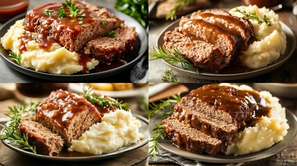 Four close-up shots showcase meatloaf variations, each served with creamy mashed potatoes and a rich brown gravy.  Garnished with herbs like parsley and rosemary