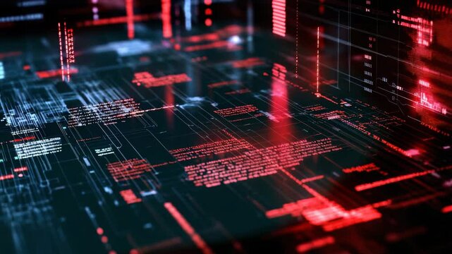 Video with a complex abstract background displaying encrypted programming code and digital security elements. The dark futuristic theme includes red warning signals and protective firewalls. - Powered by Adobe