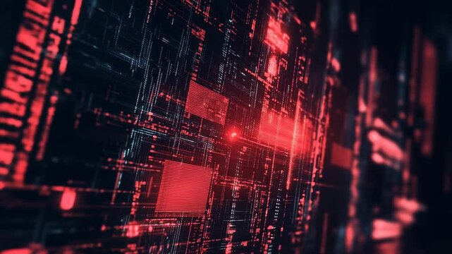 Video with a complex abstract background displaying encrypted programming code and digital security elements. The dark futuristic theme includes red warning signals and protective firewalls.