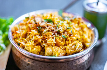 Chicken biryani served in indian restaurant