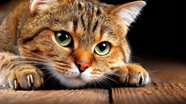 Close-up of a relaxed tabby cat lying on a wooden surface with green eyes and striped fur