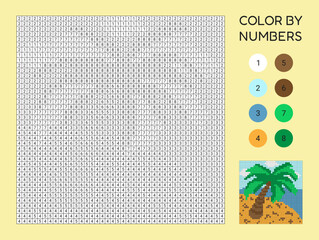 Vector kids puzzle, coloring by numbers with palm tree. Fun coloring and counting game, printable worksheet for children.