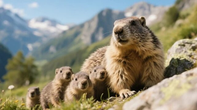 Alpine marmot mother with children, cuddling family of wild mountain animals in alpine meadow, furry wildlife scene in natural habitat  4khd video download