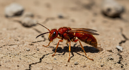 Fototapeta premium Close-up of a Cicada Killer Wasp on Dry Earth