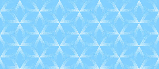 Clean vector abstraction merging leaves and geometric cubes with grainy stipple finish. Blue color evokes calm. Perfect for layouts, presentations or stylish decorative backgrounds. Panoramic backdrop