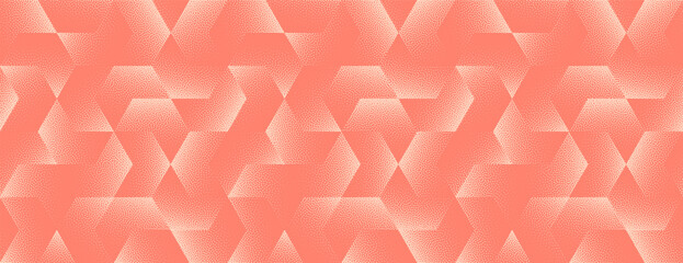 Bold pattern of interlaced hex shapes and overlay lines rendered in stipple grain. Coral hue creates warmth. Great for web headers, editorial spreads or wide creative compositions. Panoramic wallpaper
