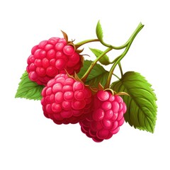 Vibrant cartoon wild raspberries on a branch showcasing their fresh, juicy appeal and lush green leaves