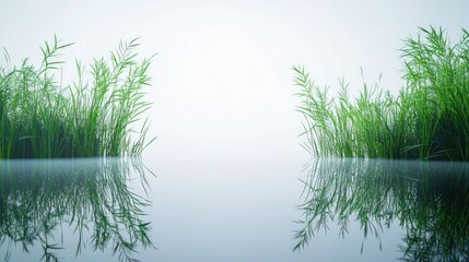 Tranquil grassy shores reflecting on a still lake