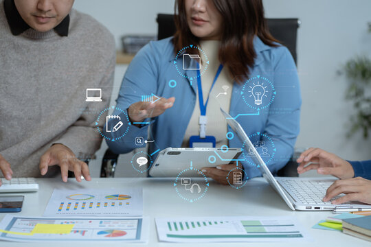 Digital transformation technology strategy, Person using laptop, tablet and smartphone with of things. transformation of ideas and the adoption.