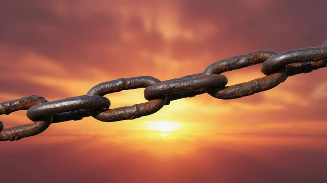 Silhouette of rusty chain at sunset, conveying a sense of isolation or burden. Chain is weathered and dirty.