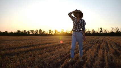 Fototapeta premium Adult agronomist in straw hat exploring barley on meadow at sunset. Female farmer examining ripe wheat at field on dusk. Beautiful scenic landscape. Concept of agriculture and agronomy business