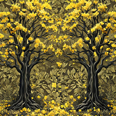Golden Forest with Stylized Trees and Autumn Leaves Digital Illustration