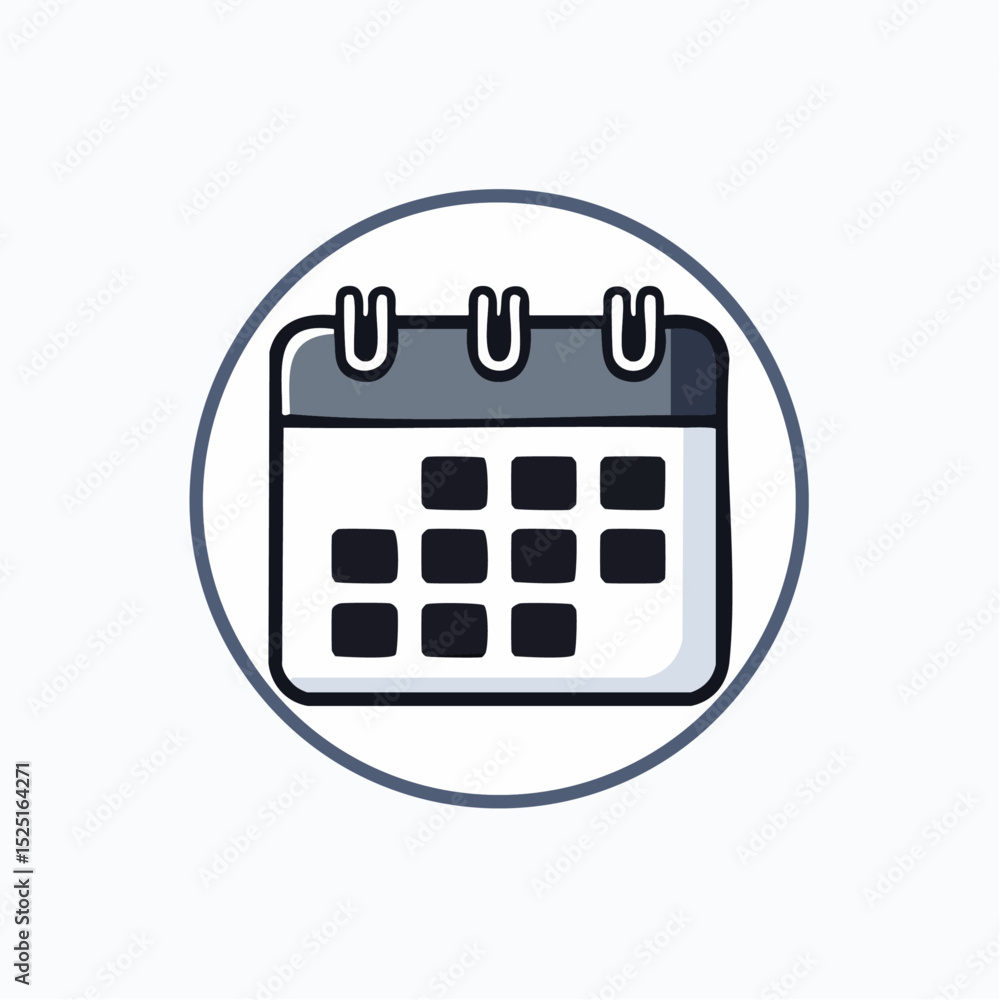 Poster a simple illustration of a calendar icon inside a circular frame on white background