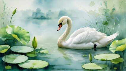 Obraz premium Elegant swan and lily pads watercolor seamless pattern with light misty lake background and soft feathers