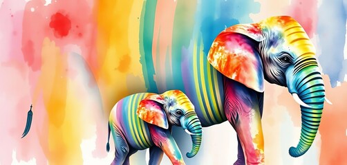 Obraz premium Abstract watercolor elephant family, colorful stripes, mom & young one , striped, background