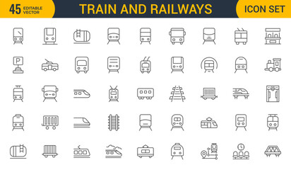 Set of Outline train and railways icon set. intercity, international, freight trains, linear icons. Outline icon collection.
