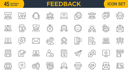 Set of line icons in linear style. Series - Feedback. Like, review and comment on Internet content. User opinion and survey. Outline icon. Concept