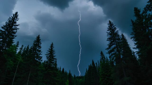 A desolate forest amid a tumultuous storm with heavy rain, lightning, and dramatic thunderheads.