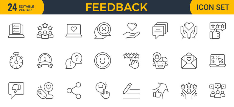 Set of line icons in linear style. Series - Feedback. Like, review and comment on Internet content. User opinion and survey. Outline icon. Concept