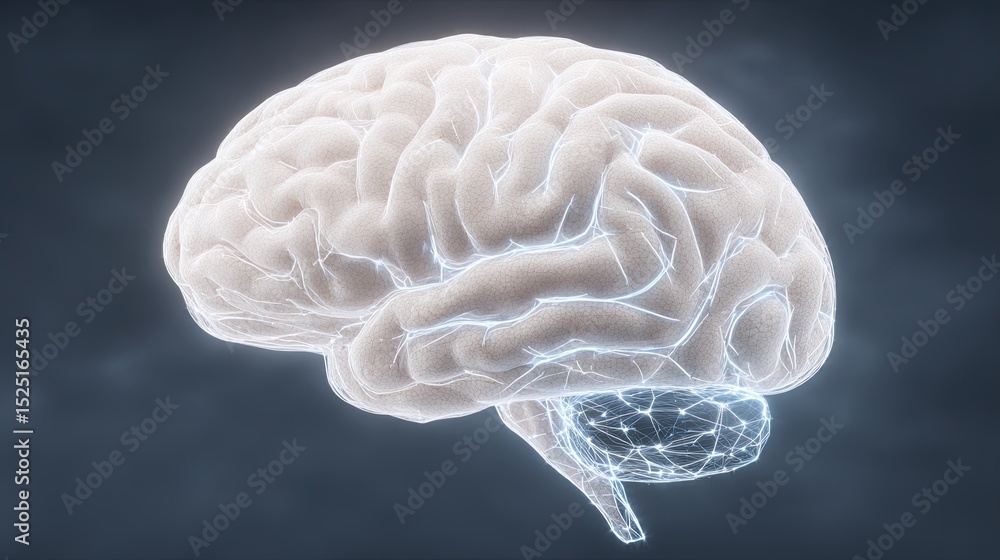 Poster digital 3d rendered illustration of a human brain with glowing lines and structure.