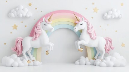 Two unicorns under a pastel rainbow arch